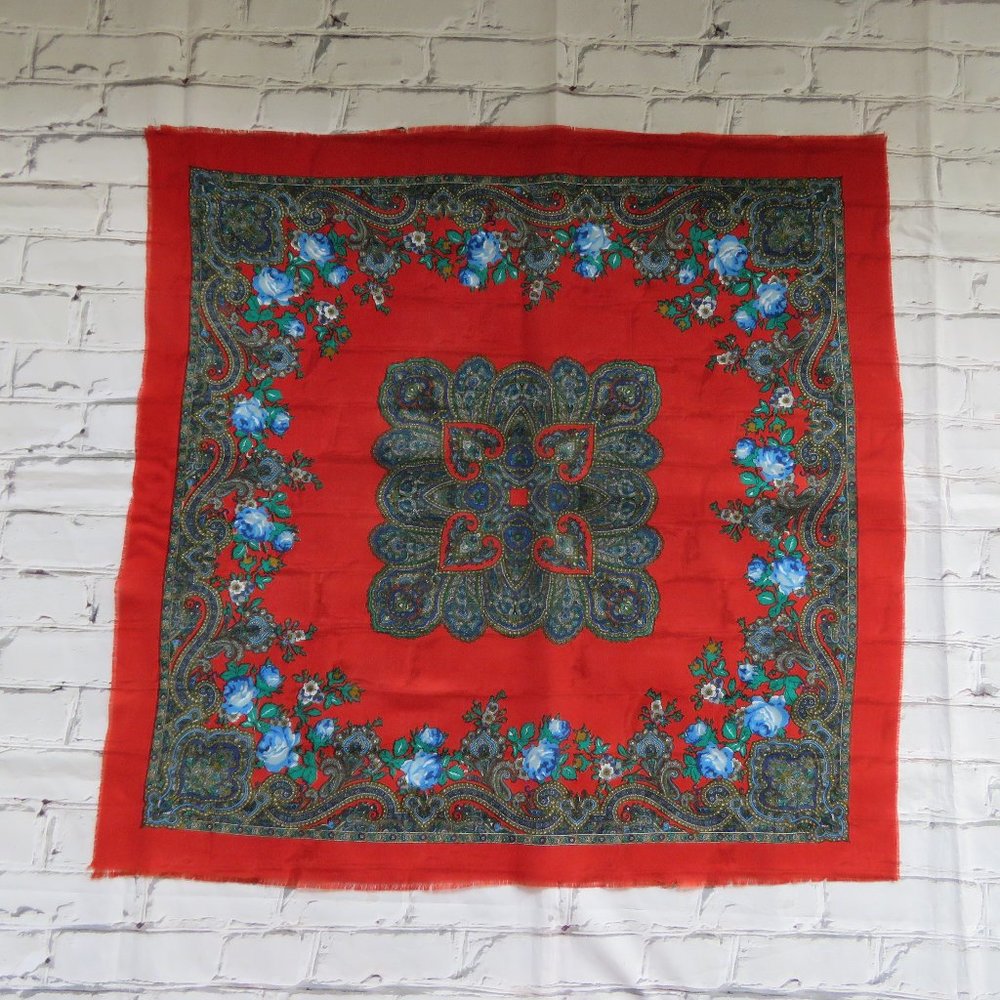 Red & Blue Paisley & Floral Square Scarf